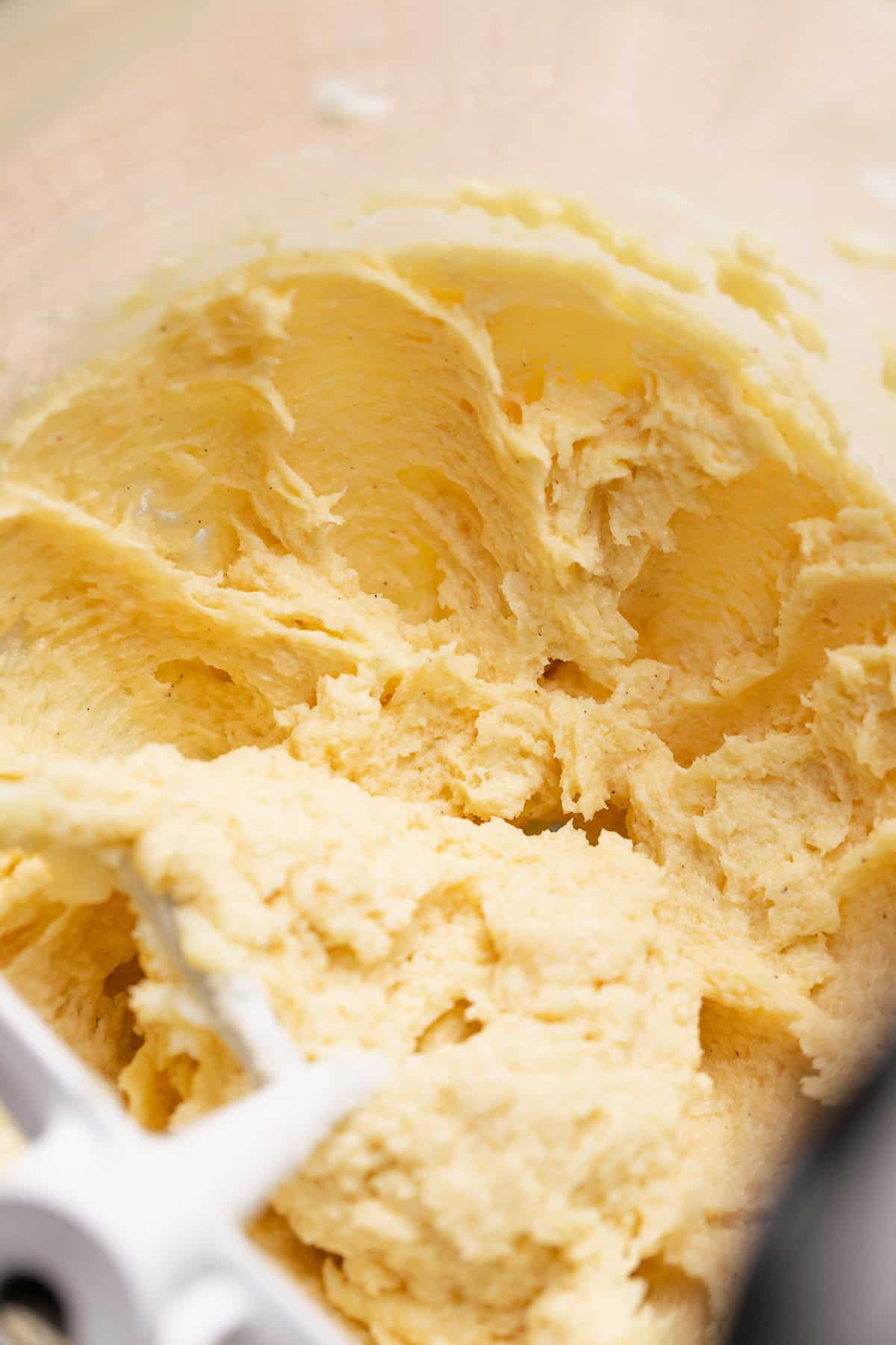 Butter, sugar, vanilla, and egg mixed together in a mixing bowl.