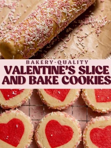 Valentines heart cookies pinterest pin with text overlay.