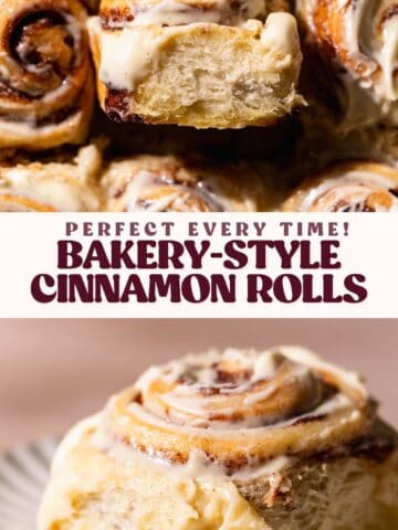 Bakery-style cinnamon rolls pinterest pin with text overlay.