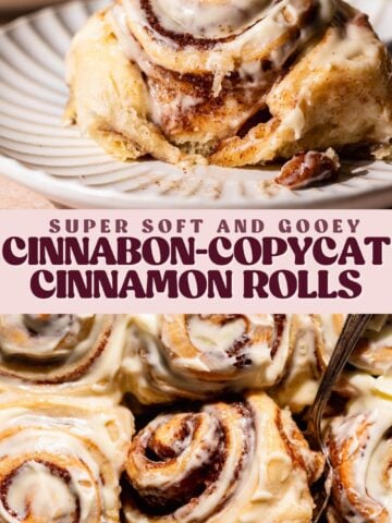 Bakery-style cinnamon rolls pinterest pin with text overlay.