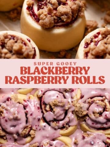 Blackberry cinnamon roll pinterest pin with text overlay.