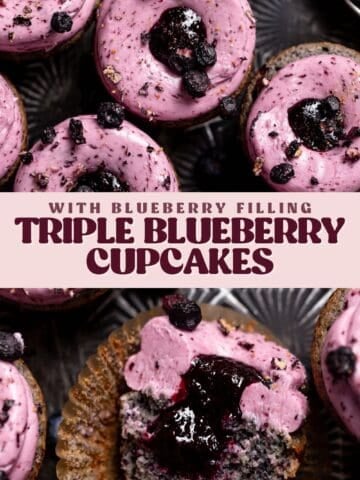 Blueberry filled cupcakes pinterest pin with text overlay.