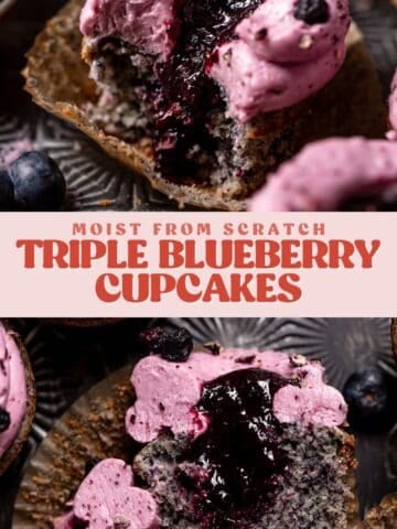 Blueberry filled cupcakes pinterest pin with text overlay.