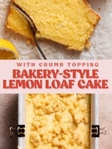 Lemon loaf cake pinterest pin with text overlay.