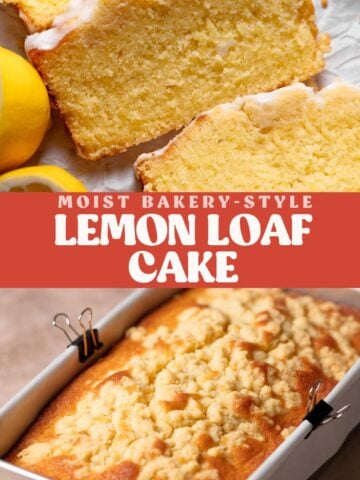 Lemon loaf cake pinterest pin with text overlay.