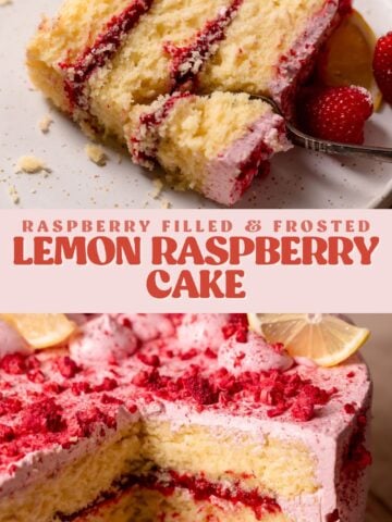 Lemon raspberry cake pinterest pin with text overlay.