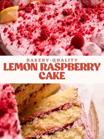 Lemon raspberry cake pinterest pin with text overlay.