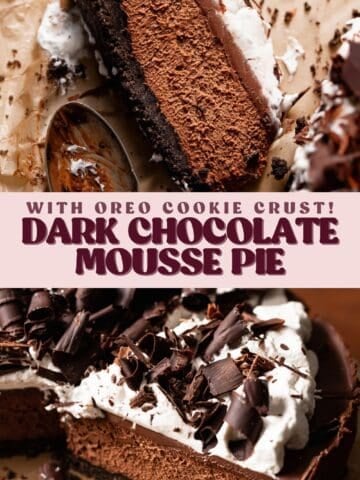 Dark chocolate mousse pie pinterest pin with text overlay.