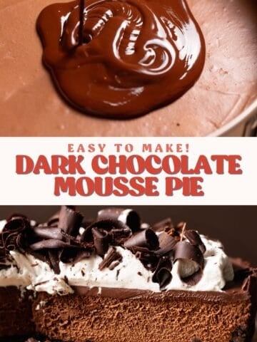 Dark chocolate mousse pie pinterest pin with text overlay.