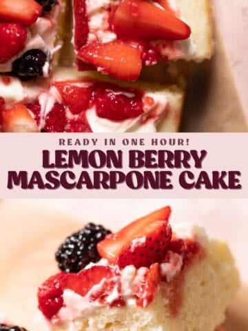 Lemon berry mascarpone cake pinterest pin with text overlay.