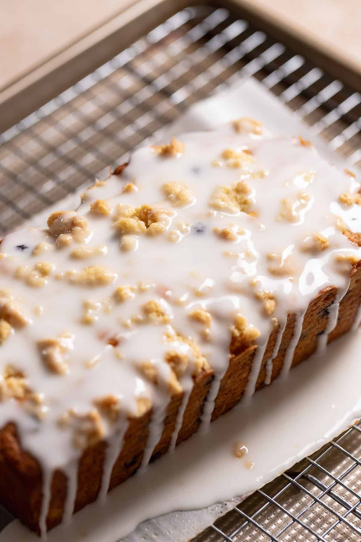 The blueberry loaf with lemon glaze poured over the top.