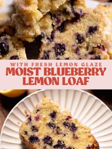 Lemon blueberry loaf pinterest pin with text overlay.