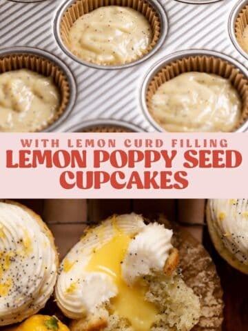 Lemon poppy seed cupcake recipe pinterest pin with text overlay.