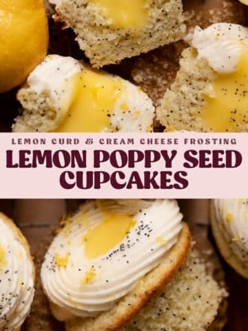 Lemon poppy seed cupcake recipe pinterest pin with text overlay.