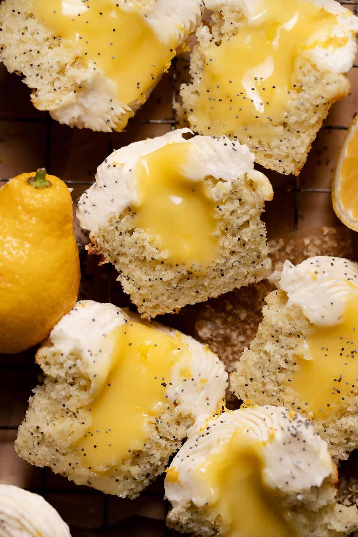 Lemon poppy cupcakes with lemon curd filling and cream cheese frosting.