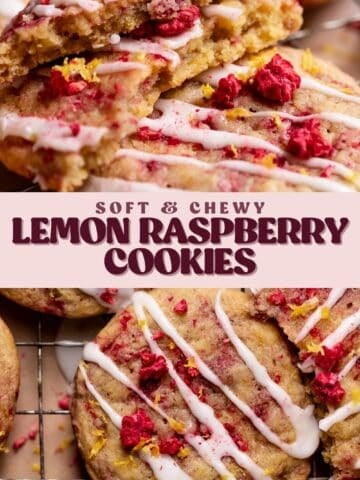 Lemon raspberry cookie pinterest pin with text overlay.