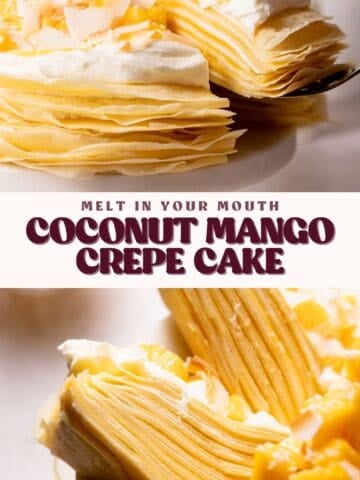 Mango crepe cake pinterest pin with text overlay.