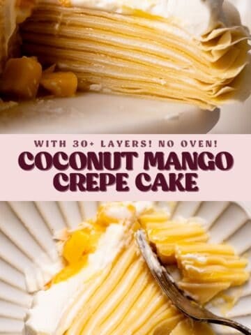 Mango crepe cake pinterest pin with text overlay.