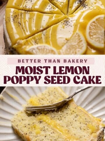 Lemon poppy cake pinterest pin with text overlay.