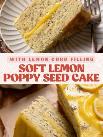 Lemon poppy cake pinterest pin with text overlay.