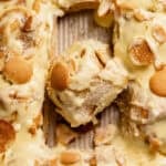 Banana pudding rolls in a baking pan.