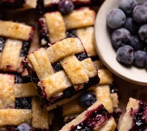 Blueberry bars with lattice pie crust top.