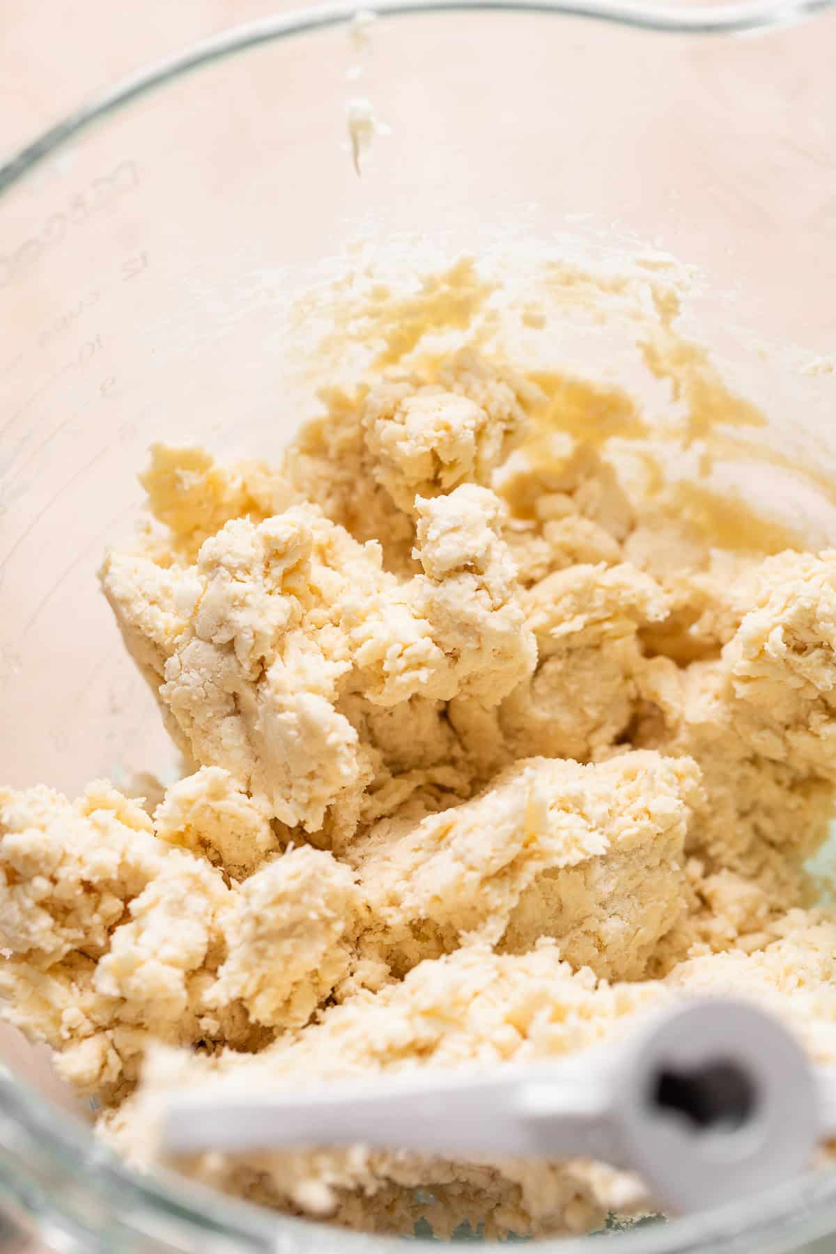 Pie dough in a mixer bowl.