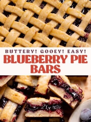 Blueberry pie bar pinterest pin with text overlay.