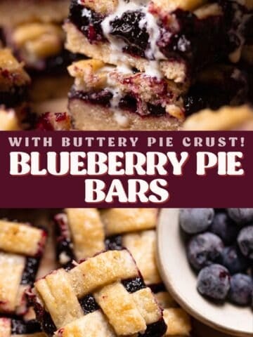 Blueberry pie bar pinterest pin with text overlay.