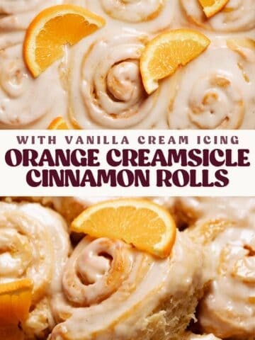 Orange cream cinnamon rolls pinterest pin with text overlay.
