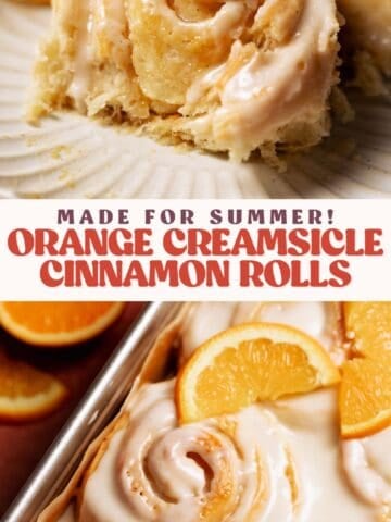 Orange cream cinnamon rolls pinterest pin with text overlay.