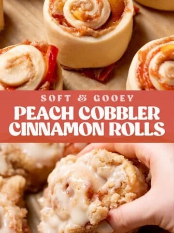 Peach cobbler cinnamon roll pinterest pin with text overlay.