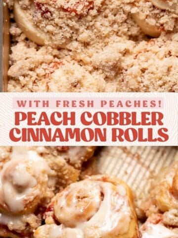 Peach cobbler cinnamon roll pinterest pin with text overlay.