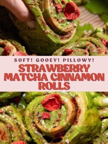 Matcha cinnamon roll pinterest pin with text overlay.