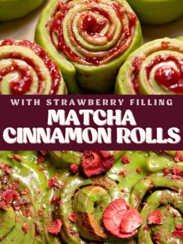 Matcha cinnamon roll pinterest pin with text overlay.