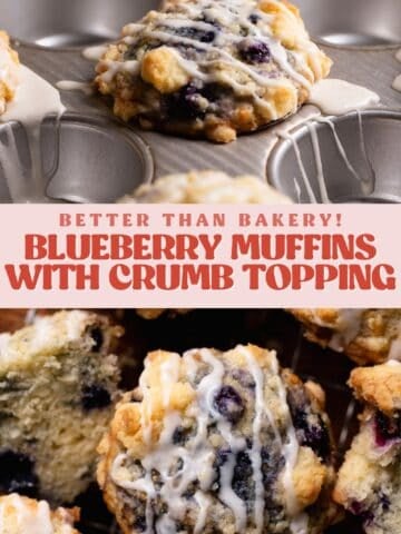 Blueberry crumble muffins pinterest pin with text overlay.
