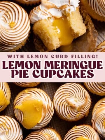 Lemon meringue cupcake pinterest pin with text overlay.