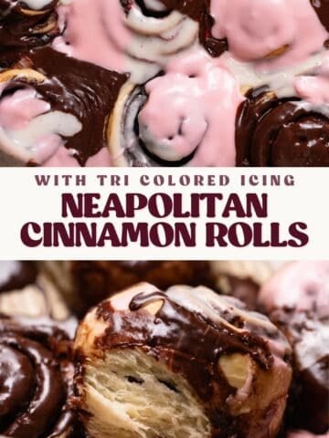 Neapolitan cinnamon roll pinterest pin with text overlay.