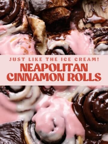 Neapolitan cinnamon roll pinterest pin with text overlay.