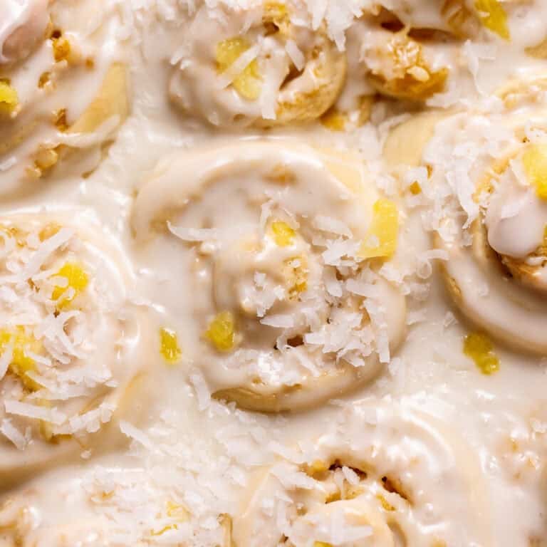 Tropical Piña Colada Cinnamon Rolls (with Coconut Rum Icing)