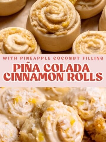 Pina colada rolls Pinterest pin with text overlay.