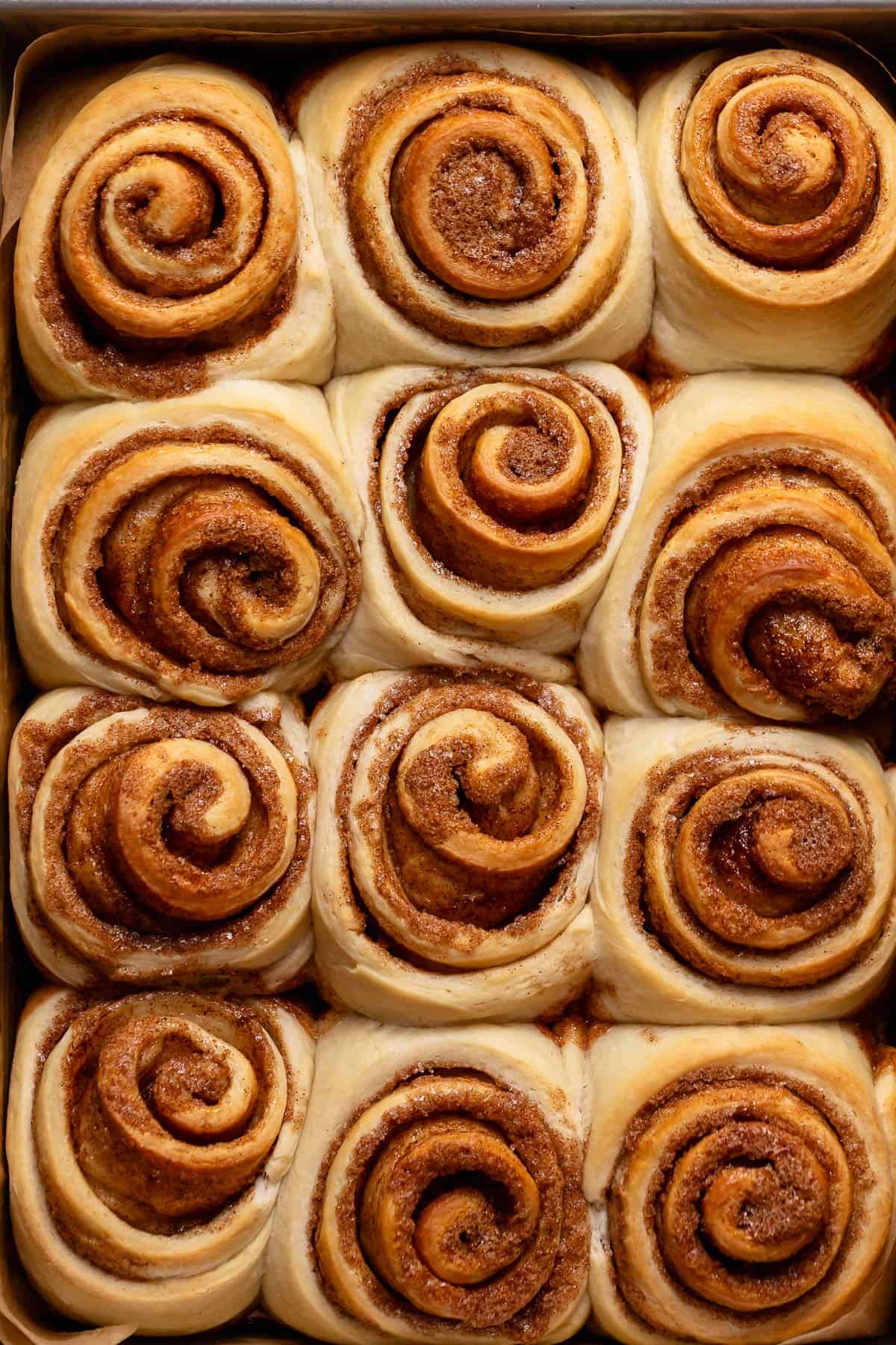 The baked cinnamon rolls before flipping upside down.