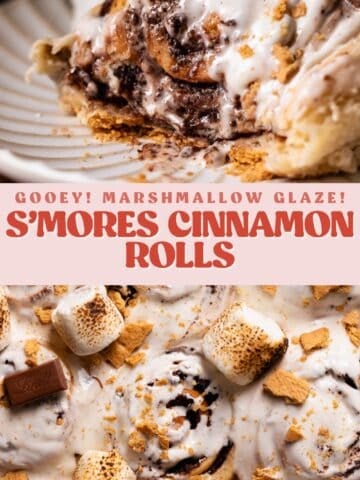 S'mores cinnamon roll pinterest pin with text overlay.