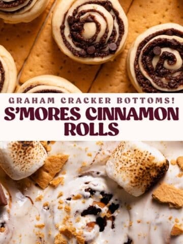 S'mores cinnamon roll pinterest pin with text overlay.