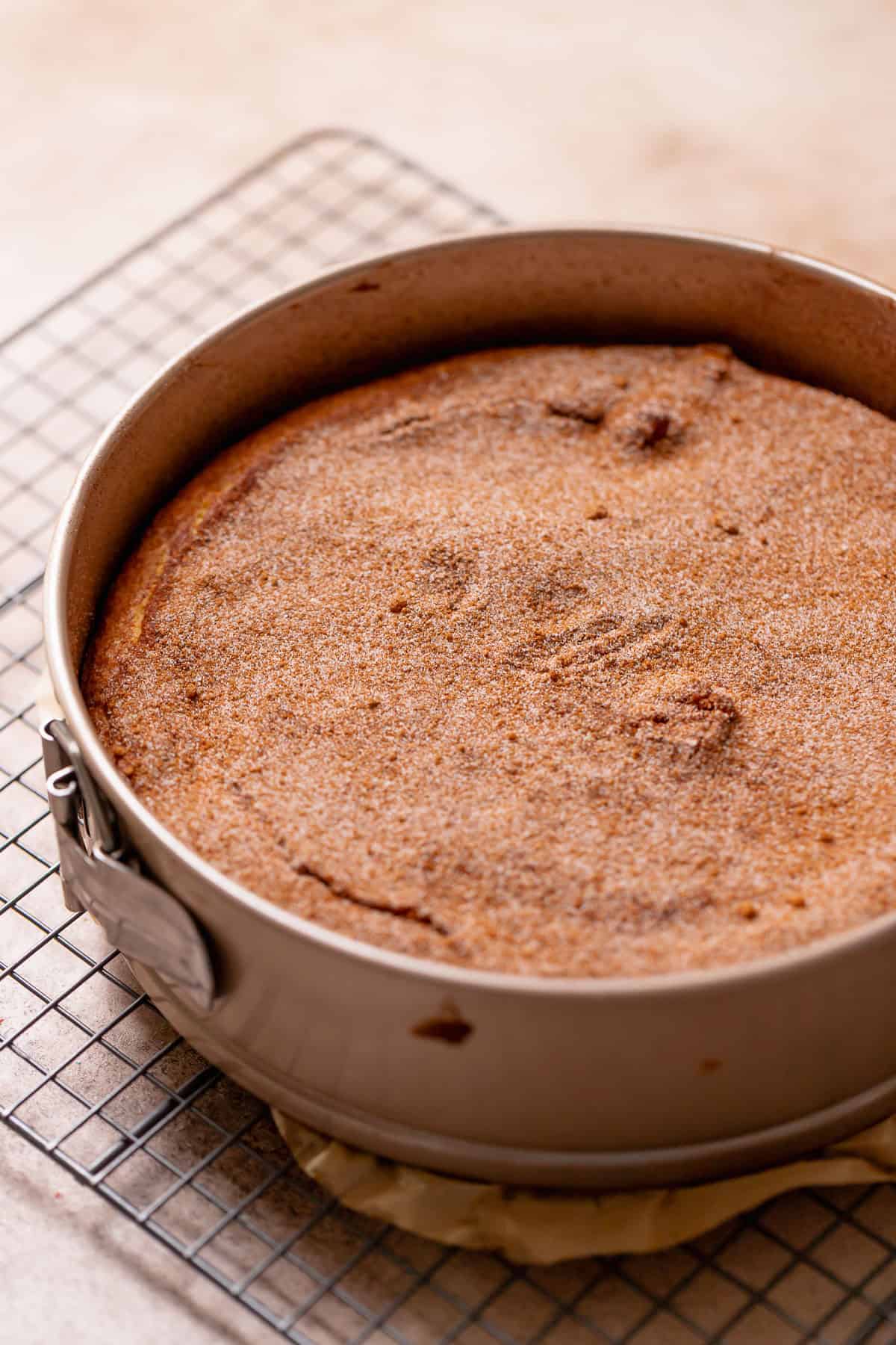 The cinnamon swirl coffee cake in a baking pan cooling on a wire rack after baking.