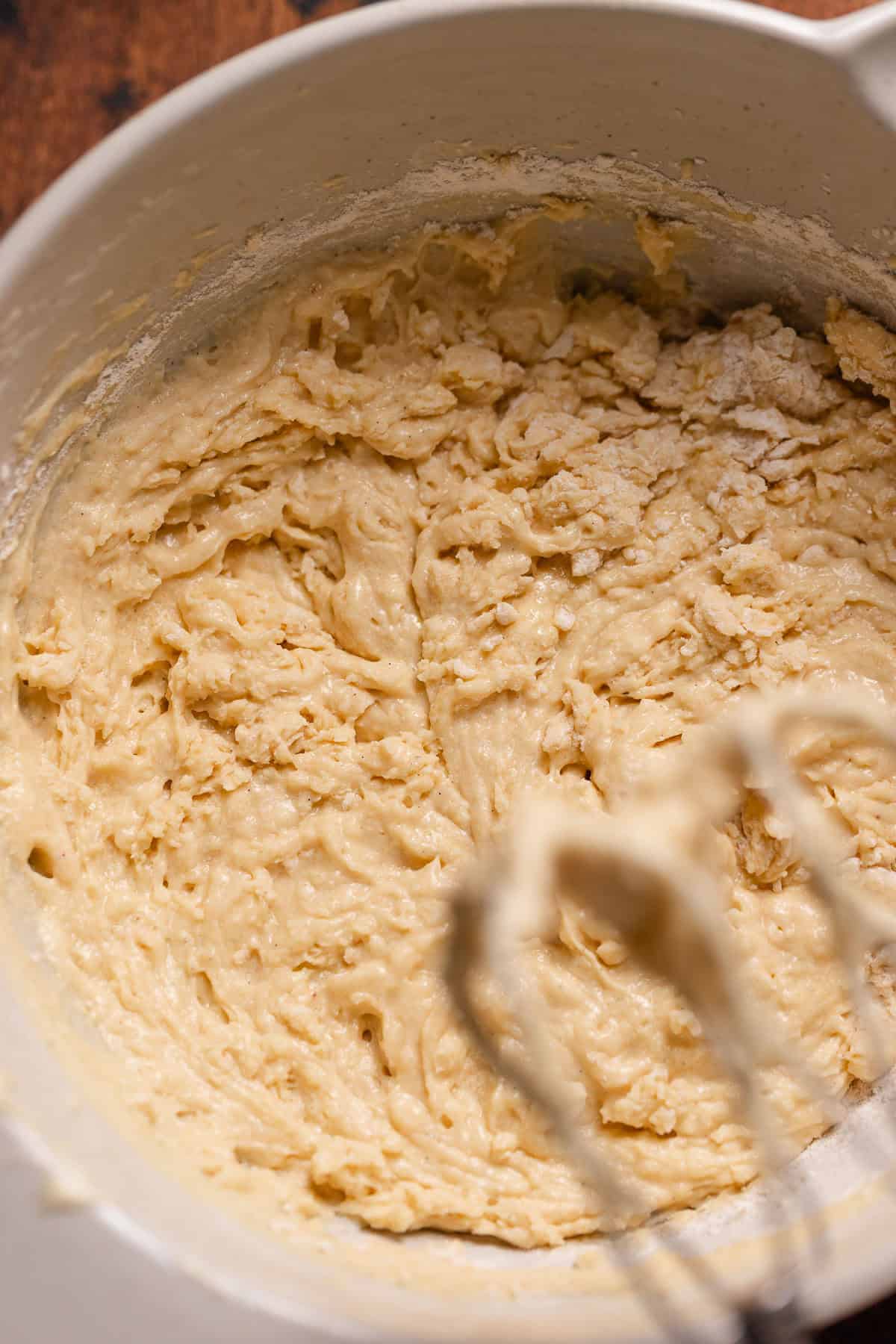 Coffee cake batter in a mixing bowl.