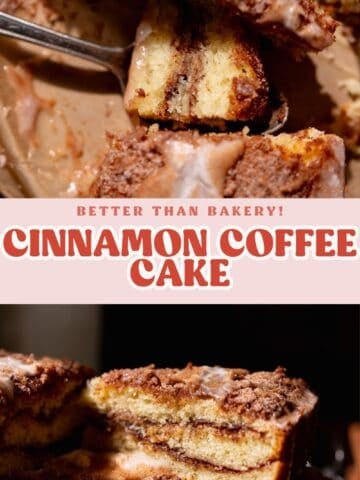 Cinnamon coffee cake pinterest pin with text overlay.