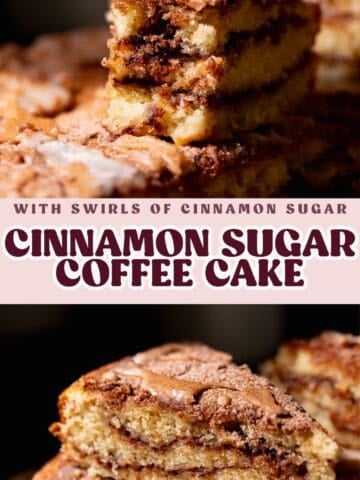 Cinnamon coffee cake pinterest pin with text overlay.