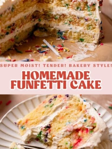 Funfetti birthday cake pinterest pin with text overlay.