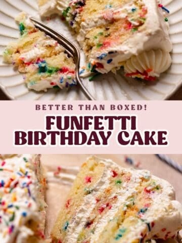 Funfetti birthday cake pinterest pin with text overlay.